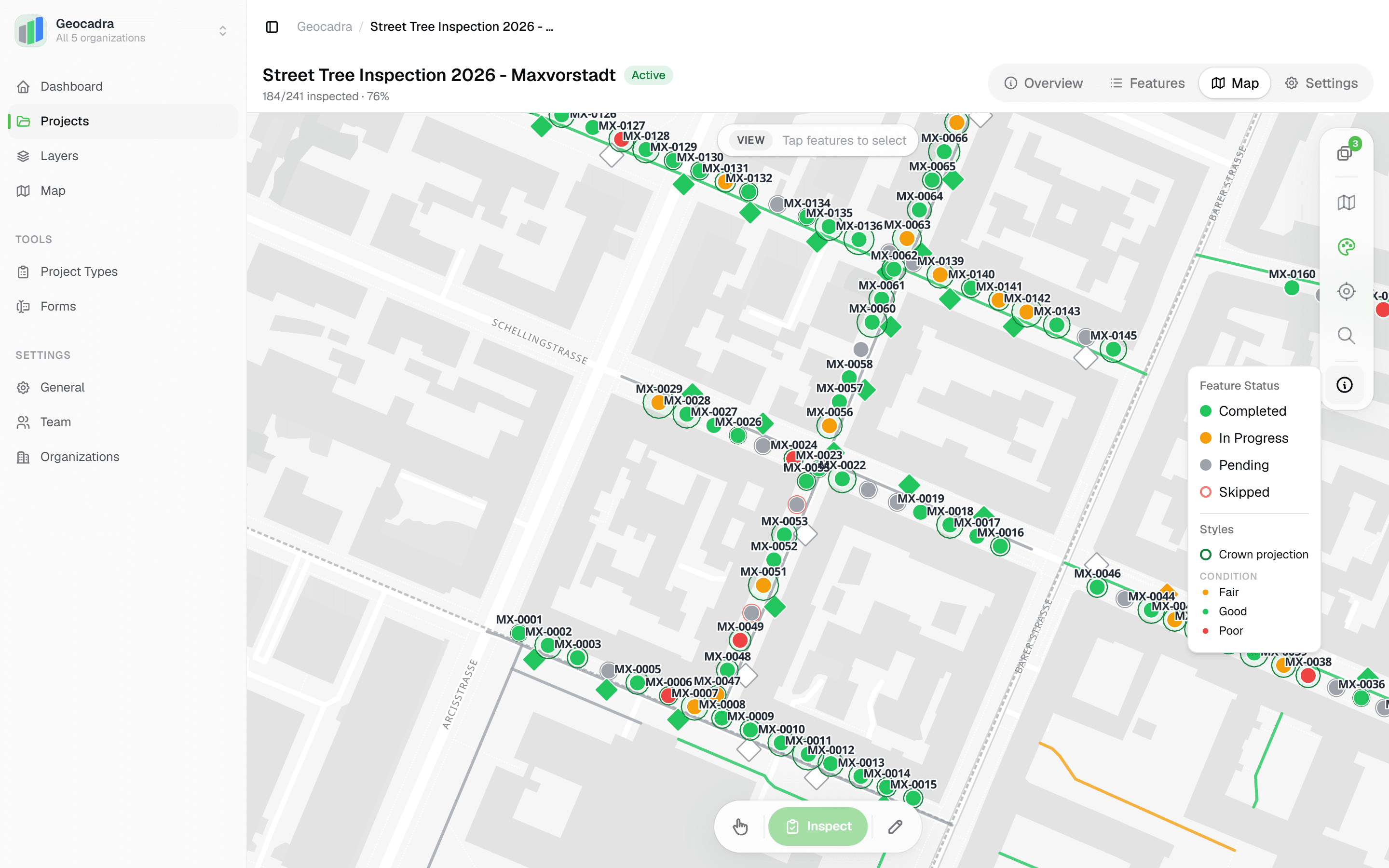 Geocadra project map of a street tree inspection: trees coloured by condition with crown-projection rings, tree-number labels and the legend popover open