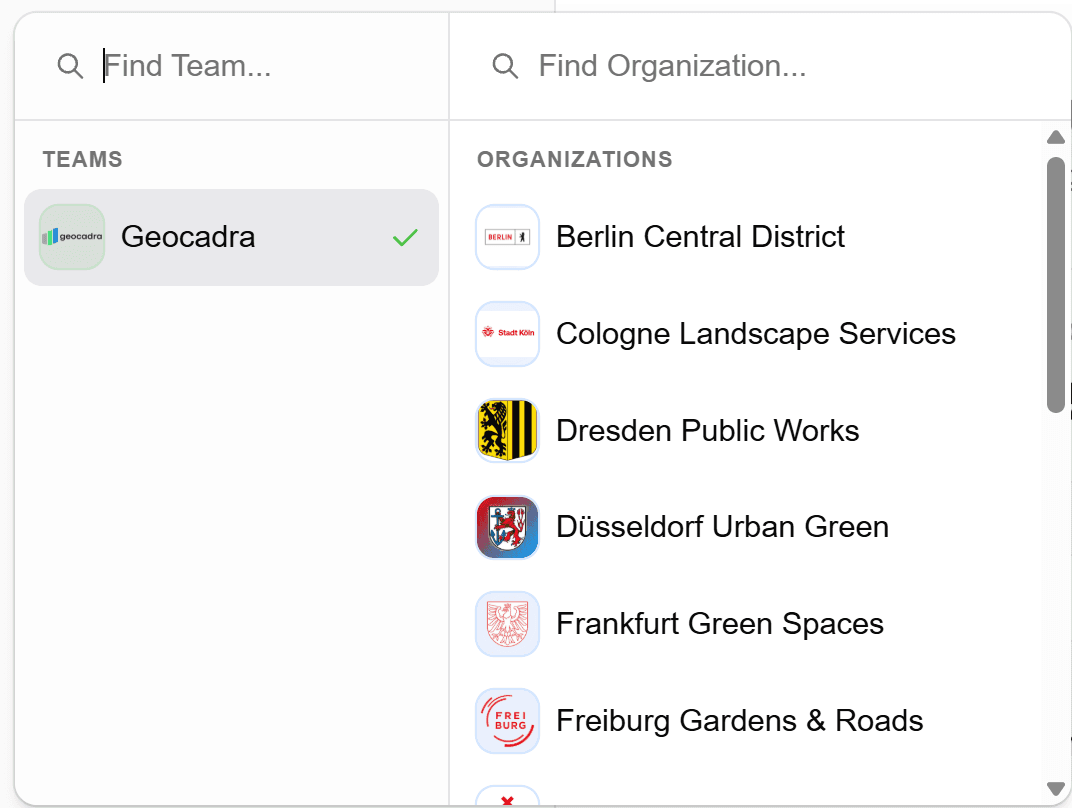 Geocadra multi-client workspace showing organization switcher to manage different clients from one account